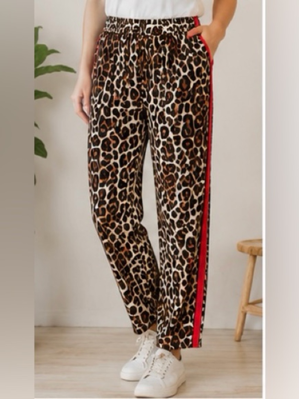 Sweet Generis Leopard Print Pull-on Pants with Red Side Stripe
